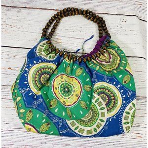 Amici Boho Tote Bag Purse Beaded Handles Brown Hippie Hobo Green Slouchy Floral